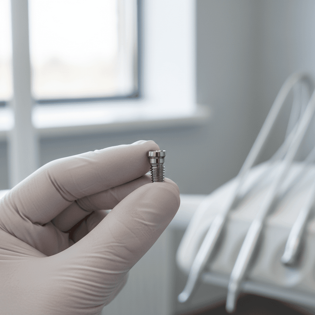 Dental implant held in a gloved hand in a calm clinical setting
