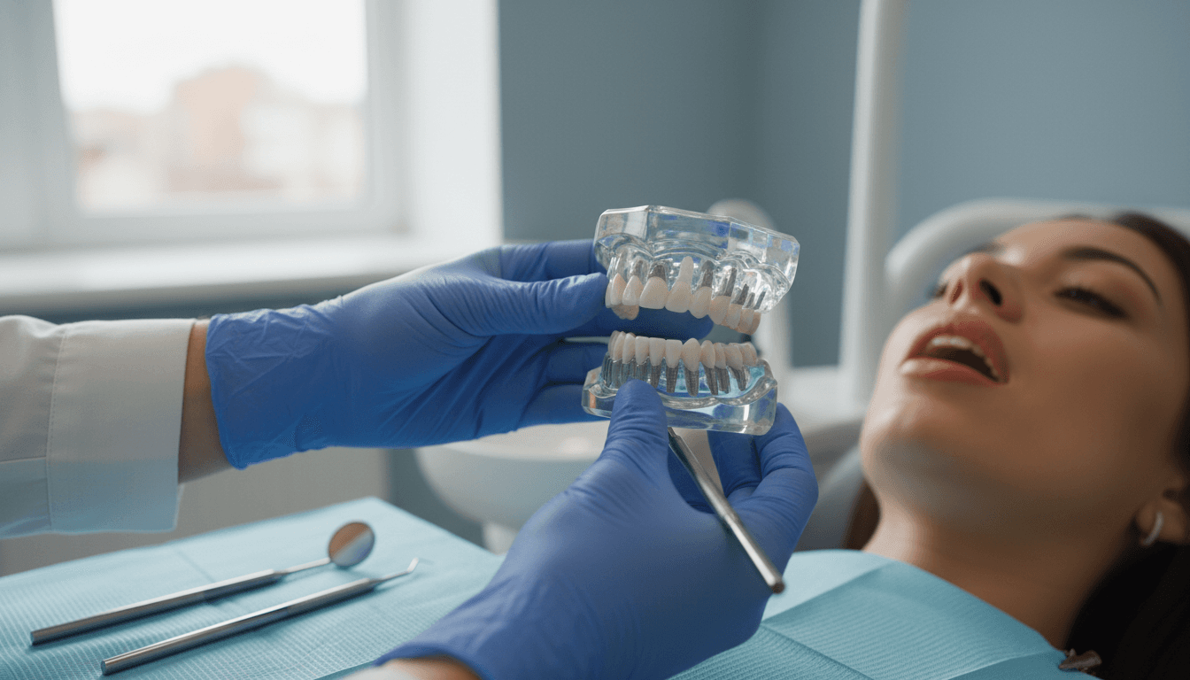 Dental professional holding an implant-supported dental arch model near a patient in a modern clinic