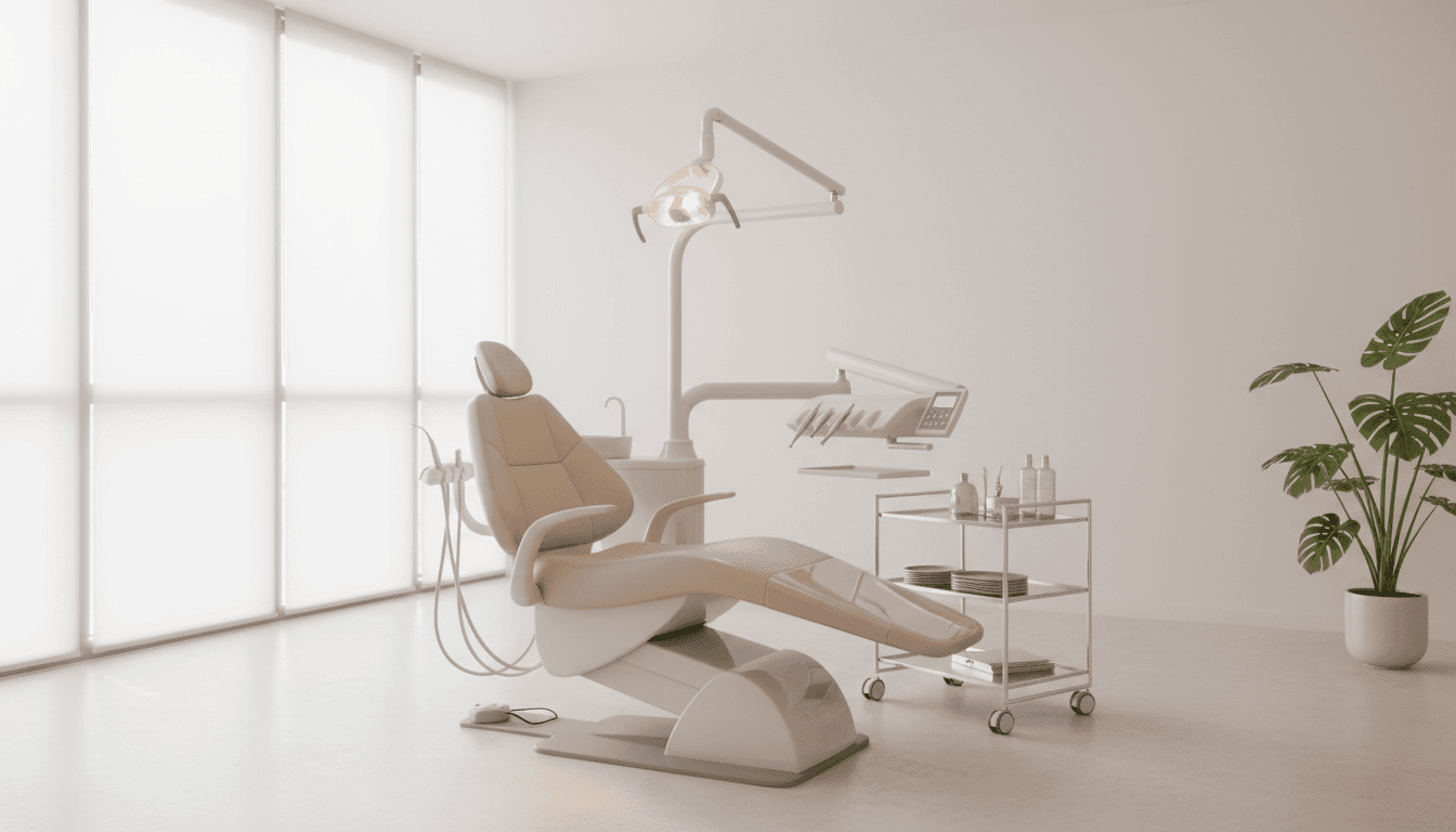 Modern dental clinic interior in Tirana with a treatment chair and natural light