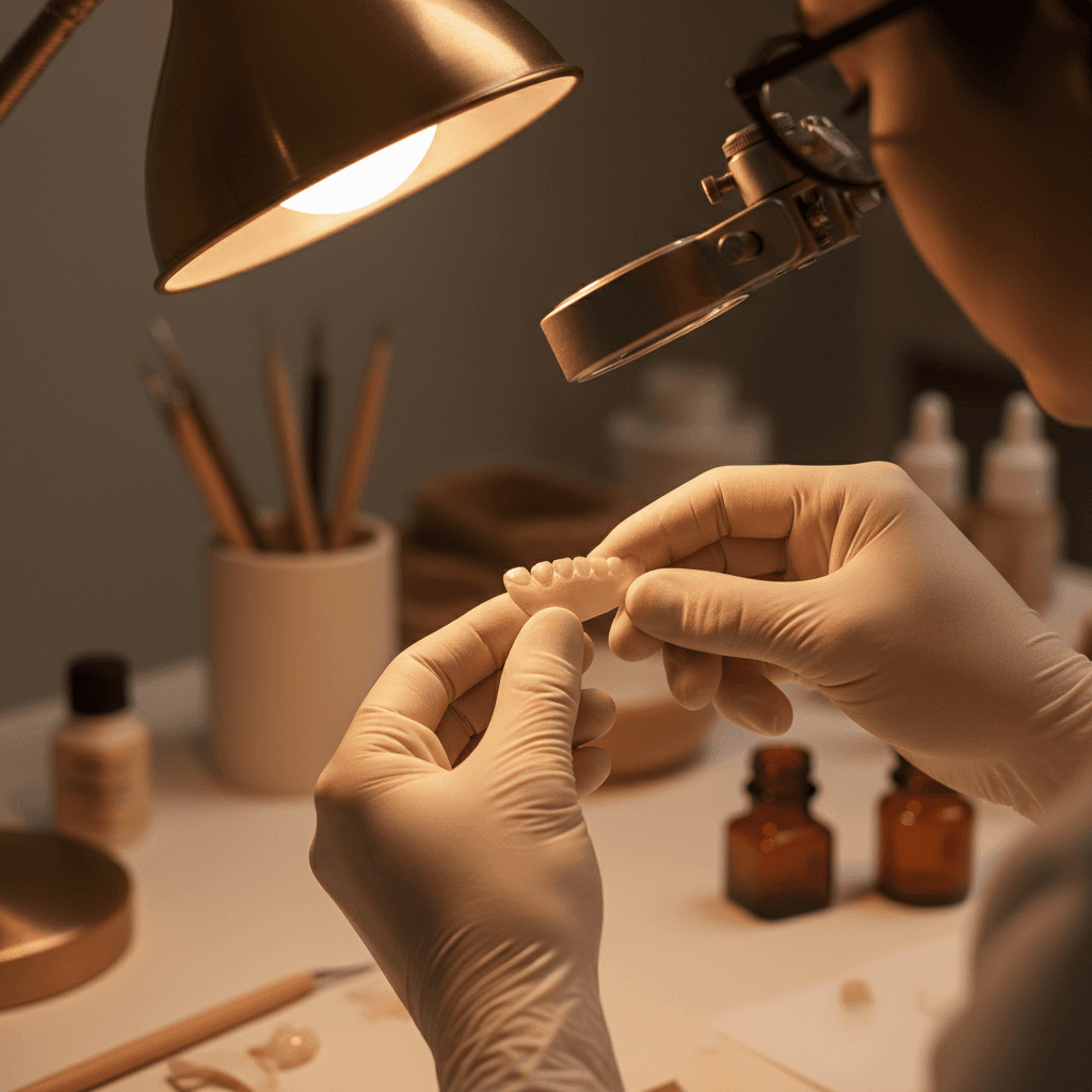 Dental technician examining a porcelain veneer under a magnifying loupe