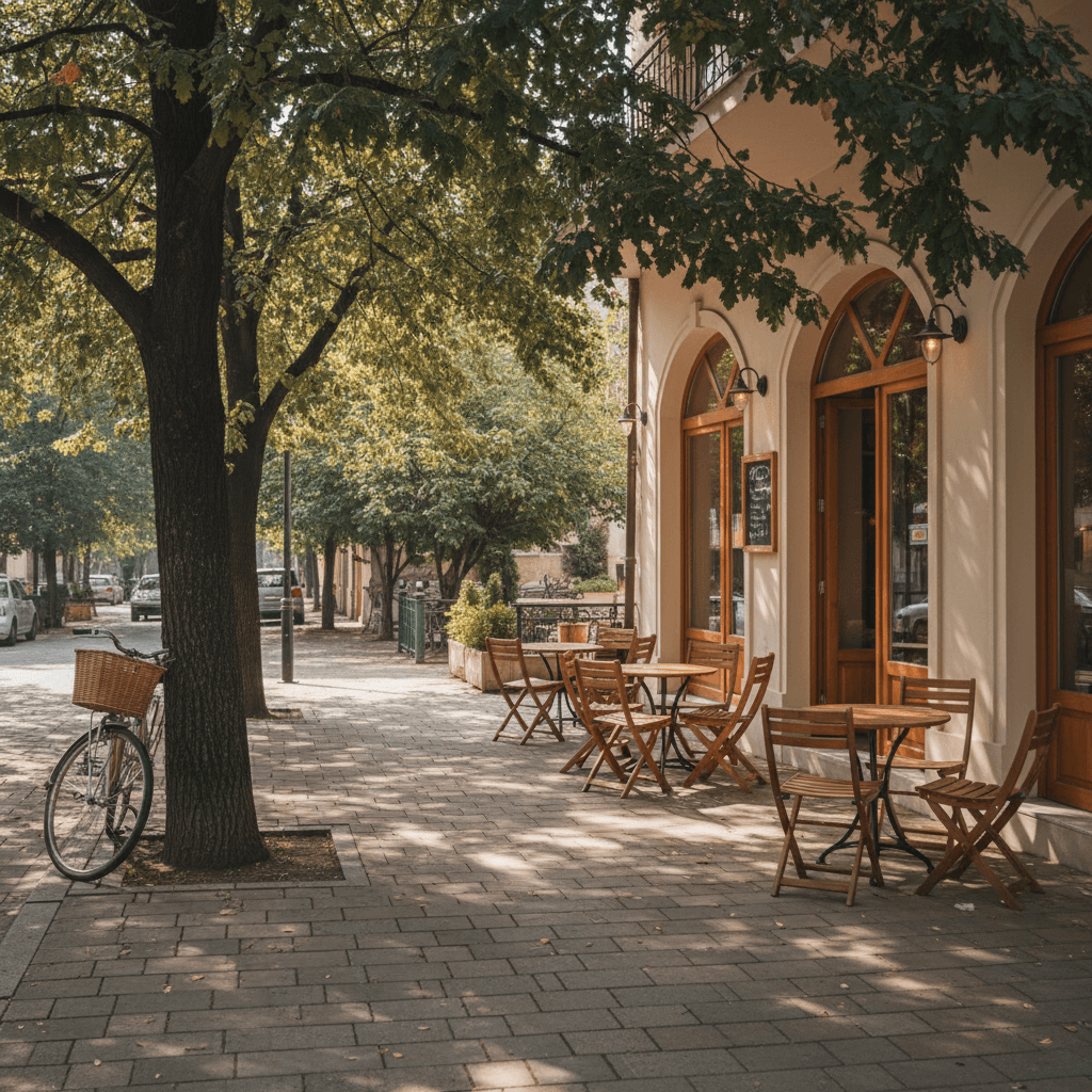 Quiet tree-lined street in Blloku with cafe tables