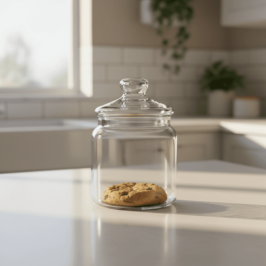 Clear glass cookie jar with a single cookie inside on a kitchen counter