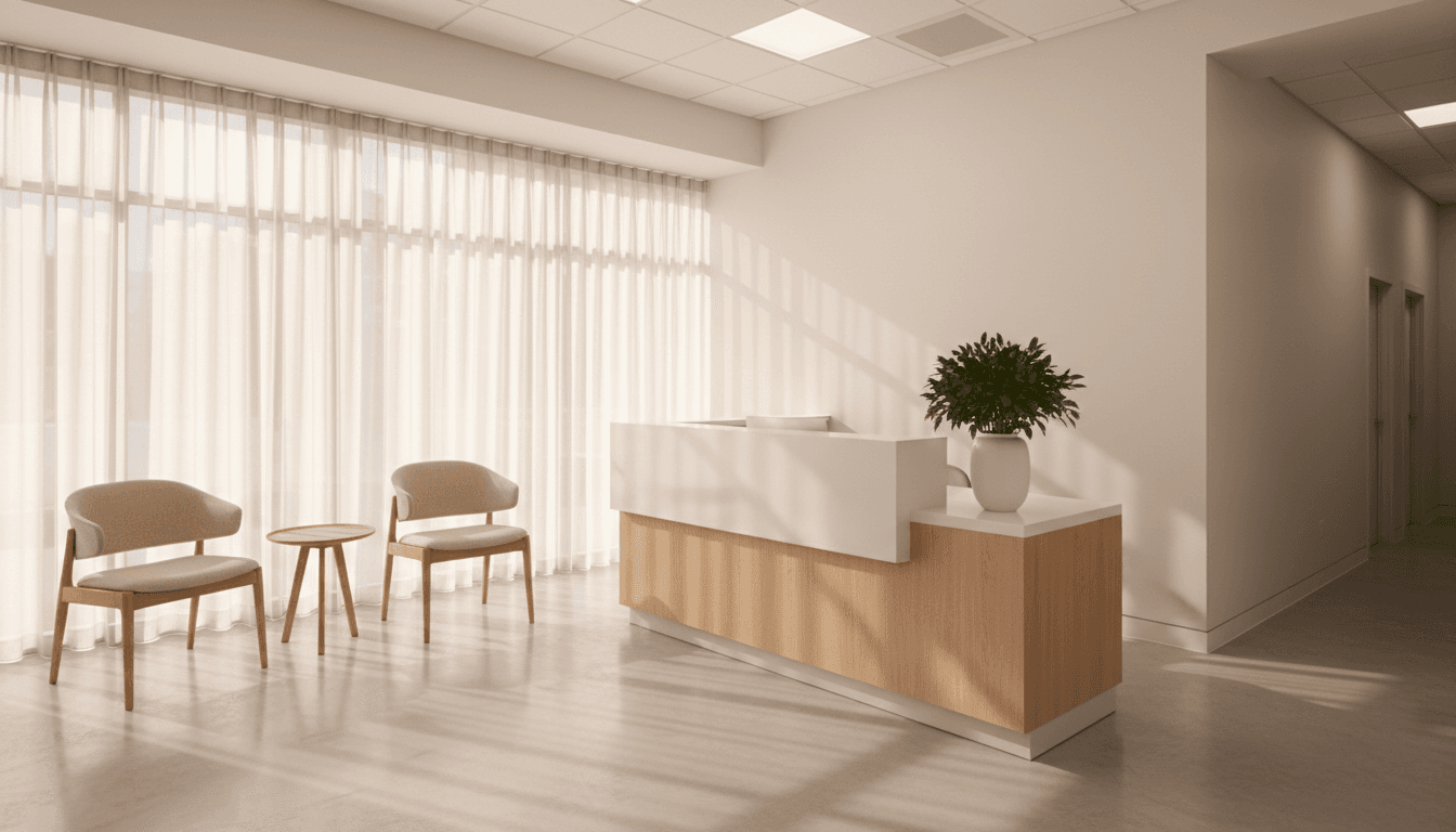 Modern dental clinic reception area with warm natural light and clean design
