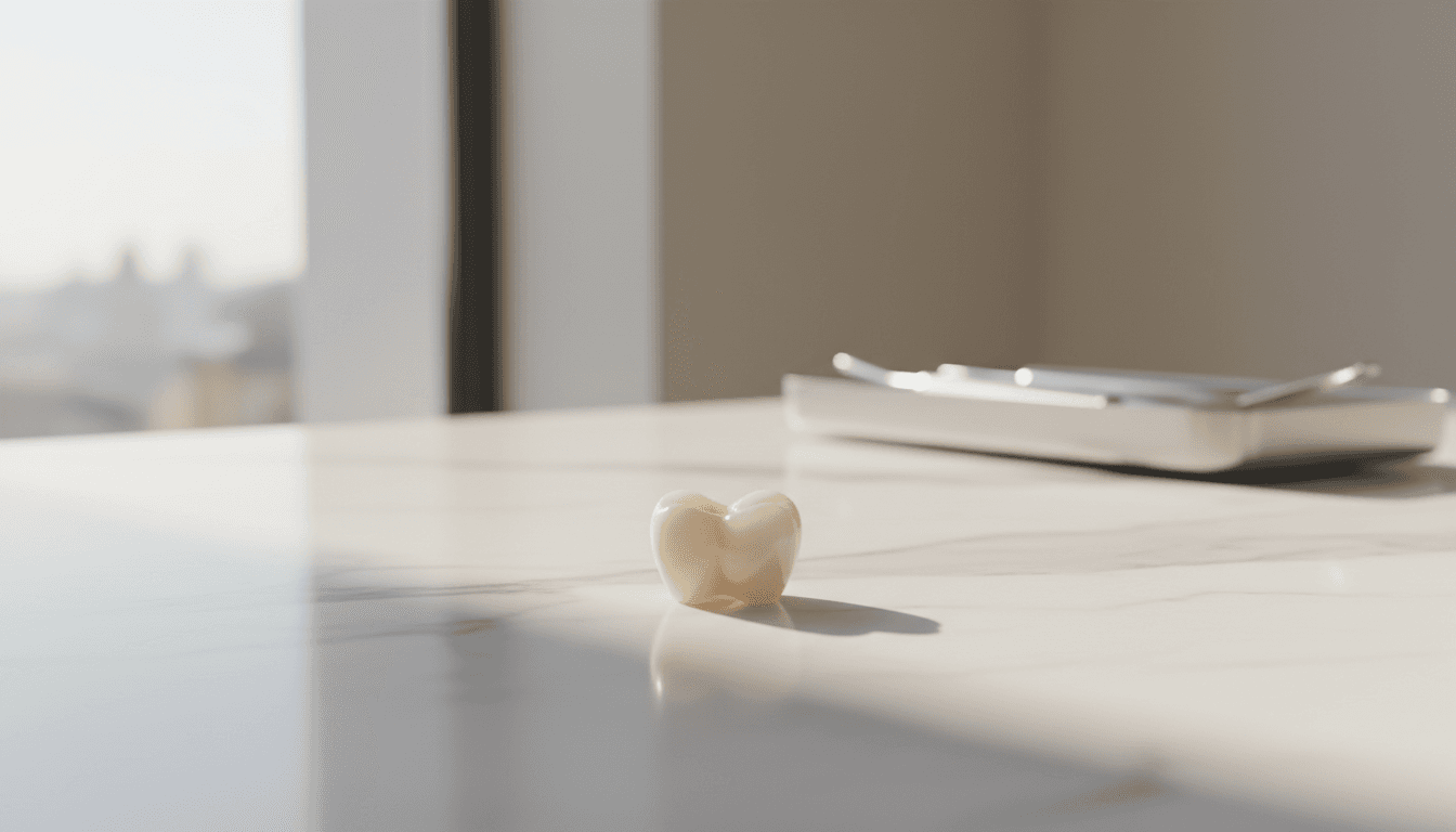 Dental crown resting on a polished surface in a serene, clinical setting
