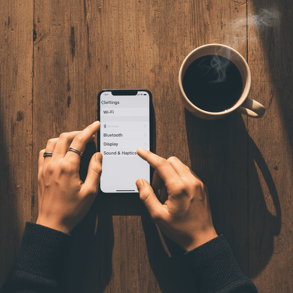 Person adjusting settings on a smartphone on a wooden table