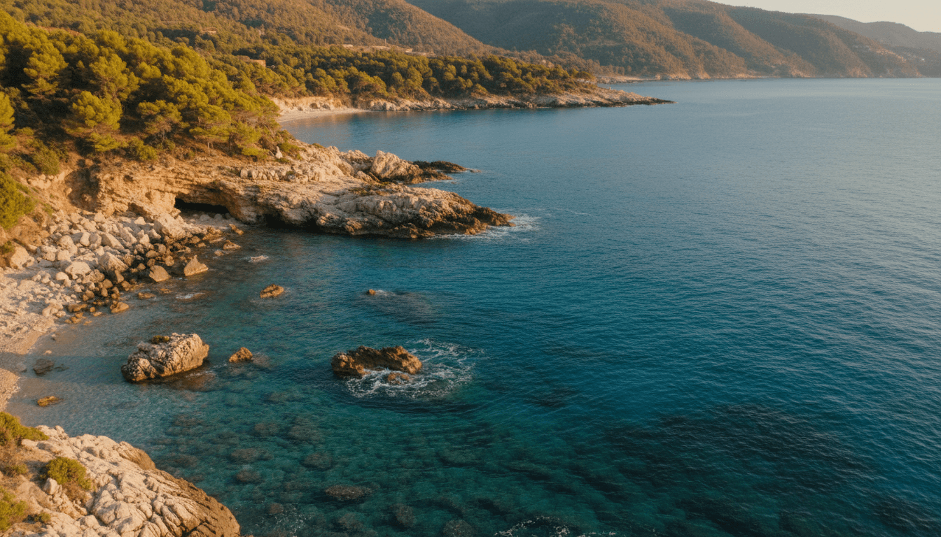 Scenic view of the Albanian Riviera coastline with turquoise waters and green hills