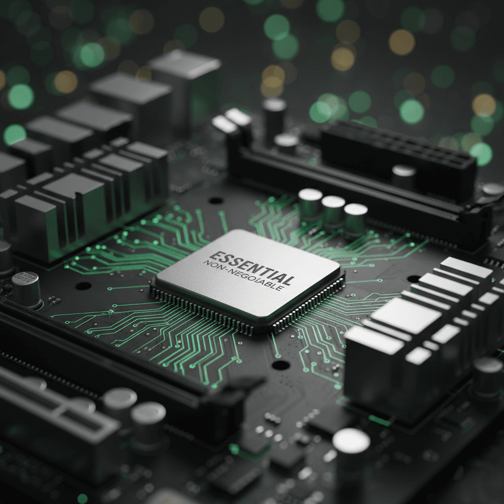 Detailed close-up of a computer motherboard highlighting essential circuitry