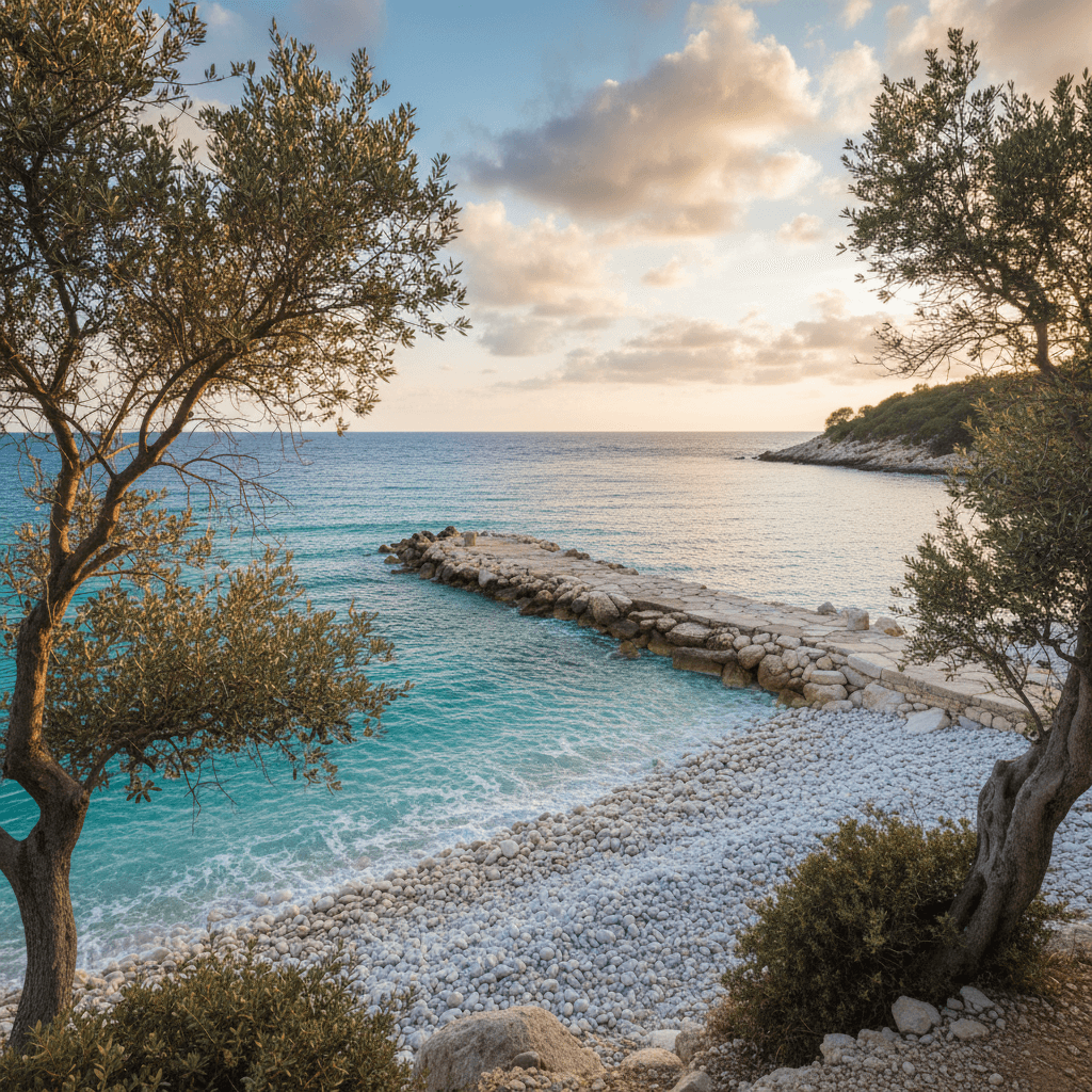 Secluded Ionian coastline cove with turquoise water