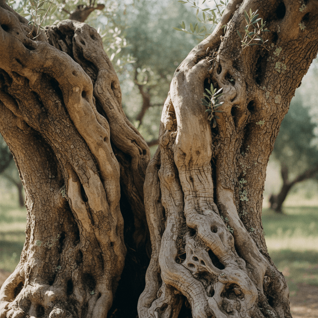 Gnarled olive tree trunk detail in Berat region grove