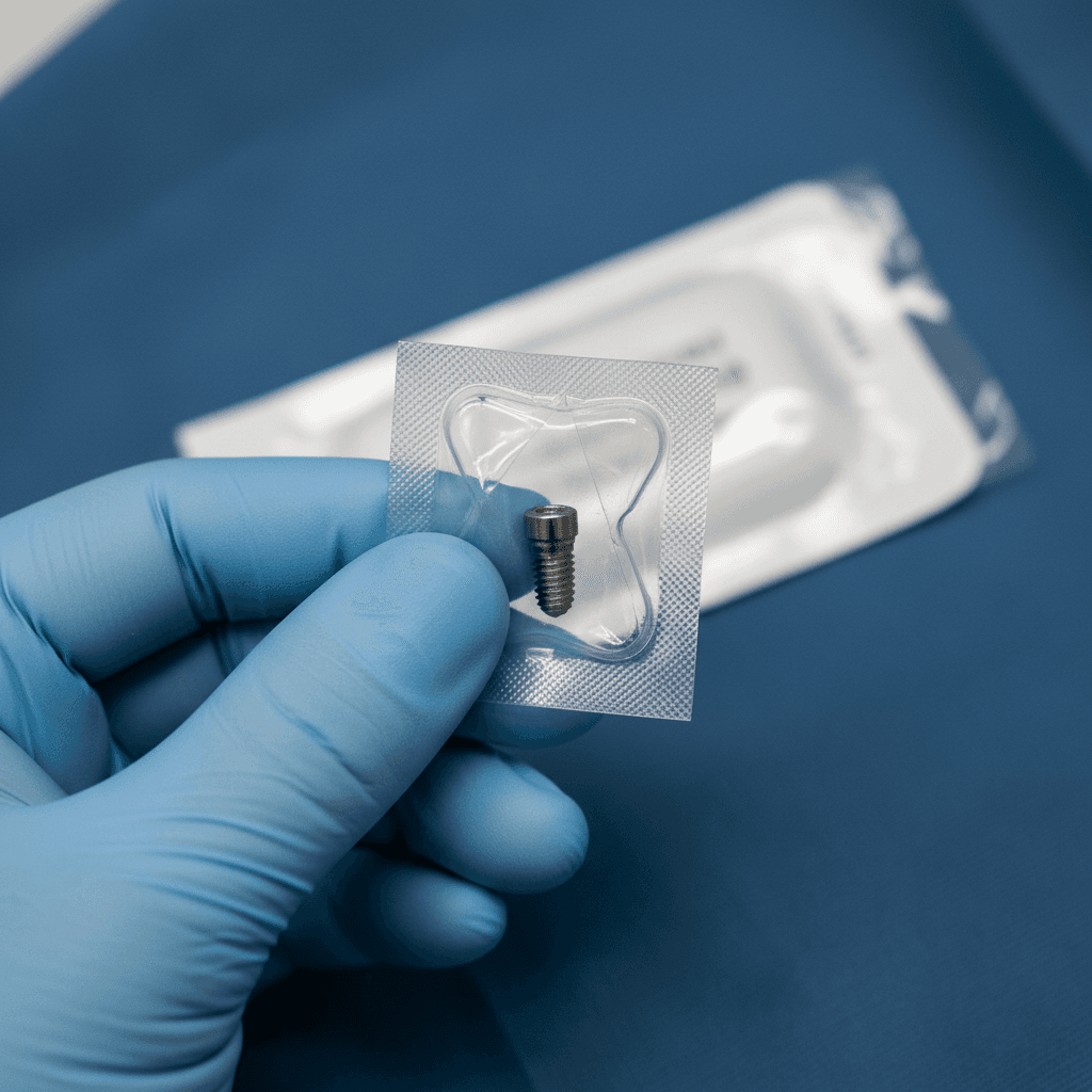 Sterile dental implant components on a blue surgical drape