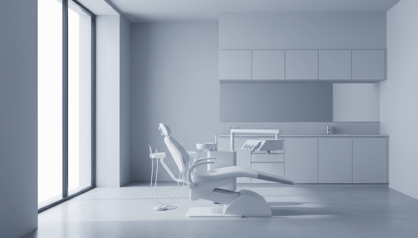 Modern, empty dental clinic examination room with natural light streaming through a window falling on a sleek dental chair.