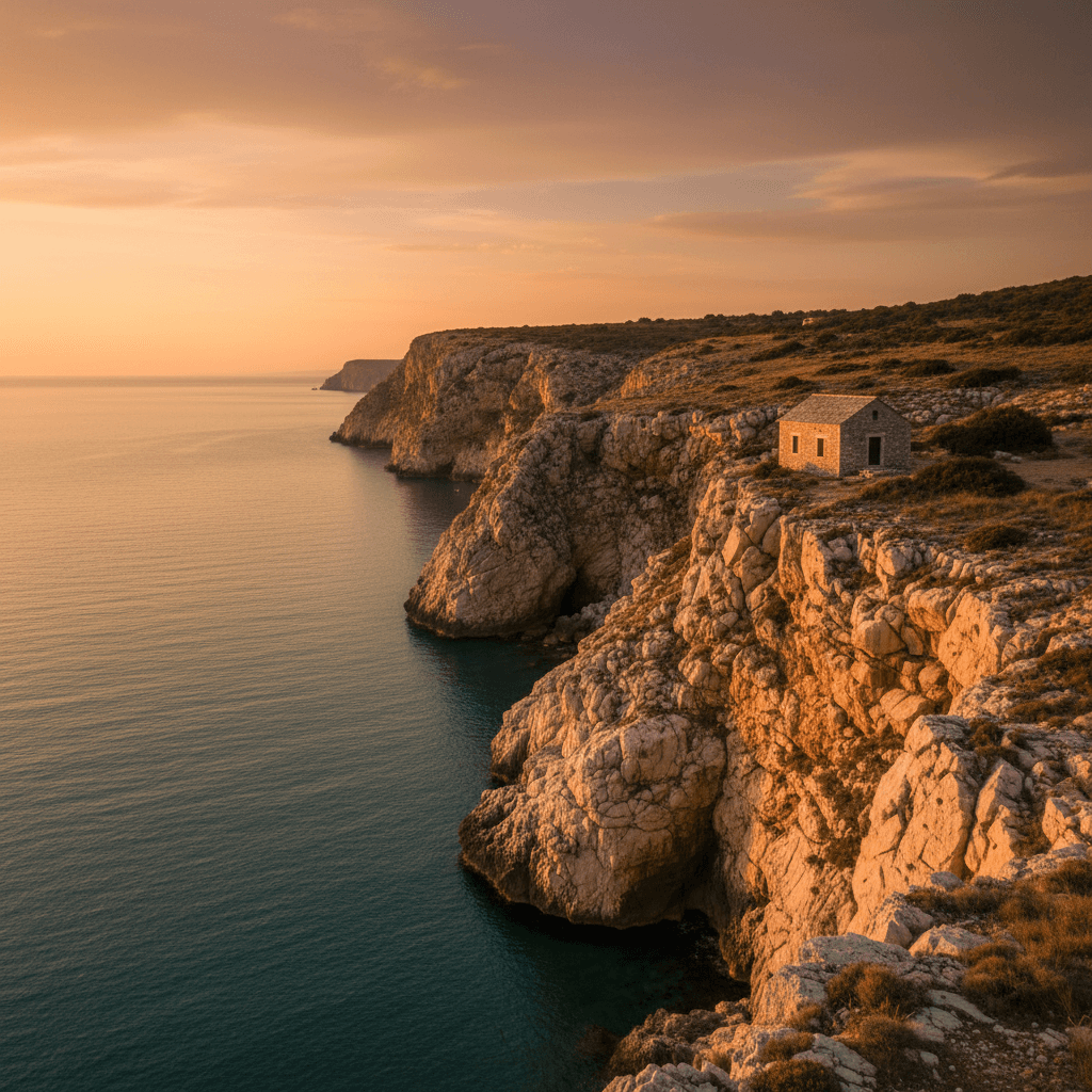 Albanian Riviera coastline at golden hour with rocky cliffs and turquoise water