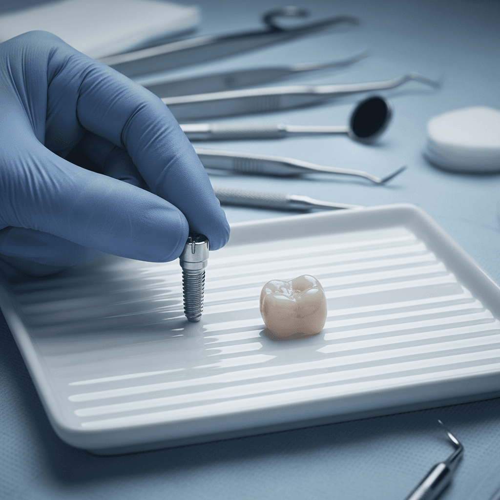 Titanium implant and ceramic crown on a tray