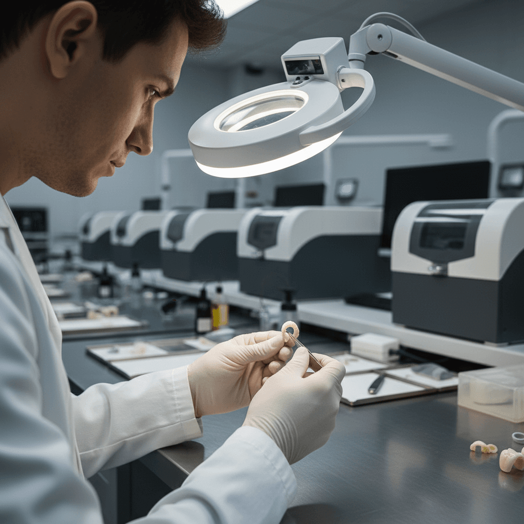 Dental technician inspecting a milled zirconia crown under magnification