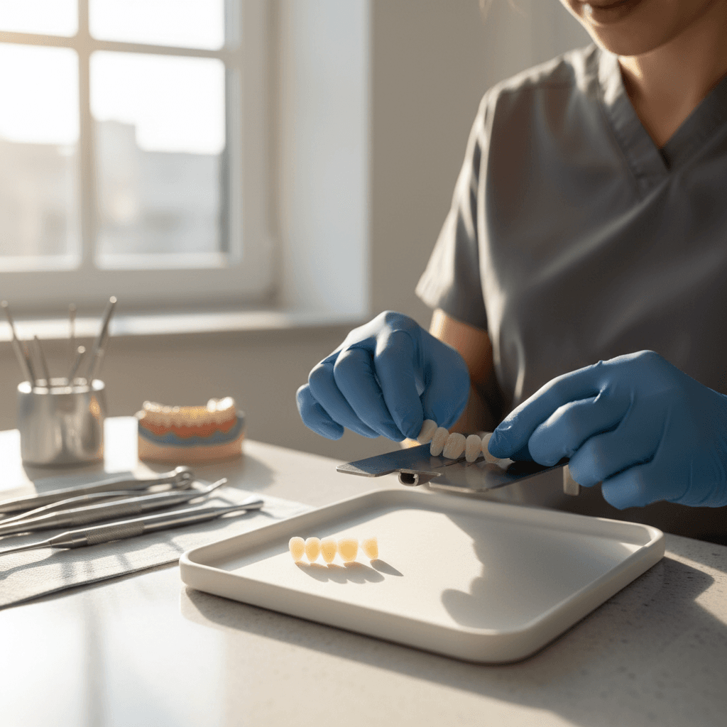 Ceramic veneers laid out on a dental work tray