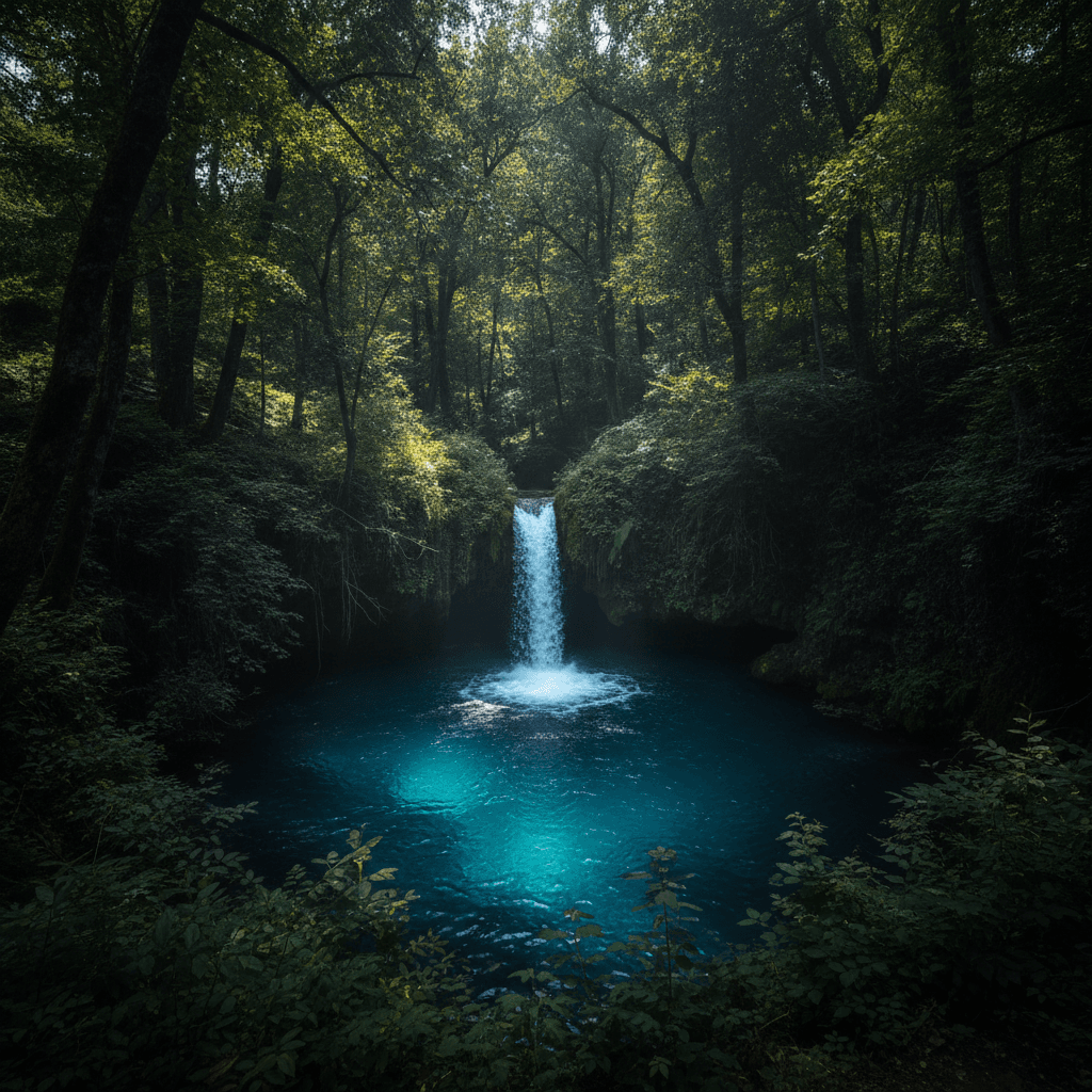 Blue Eye spring near Sarandë with intense cyan water and forest canopy