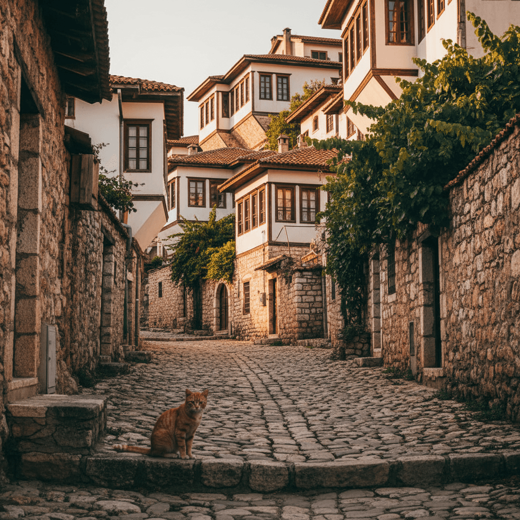 Narrow cobblestone street in Berat with Ottoman houses