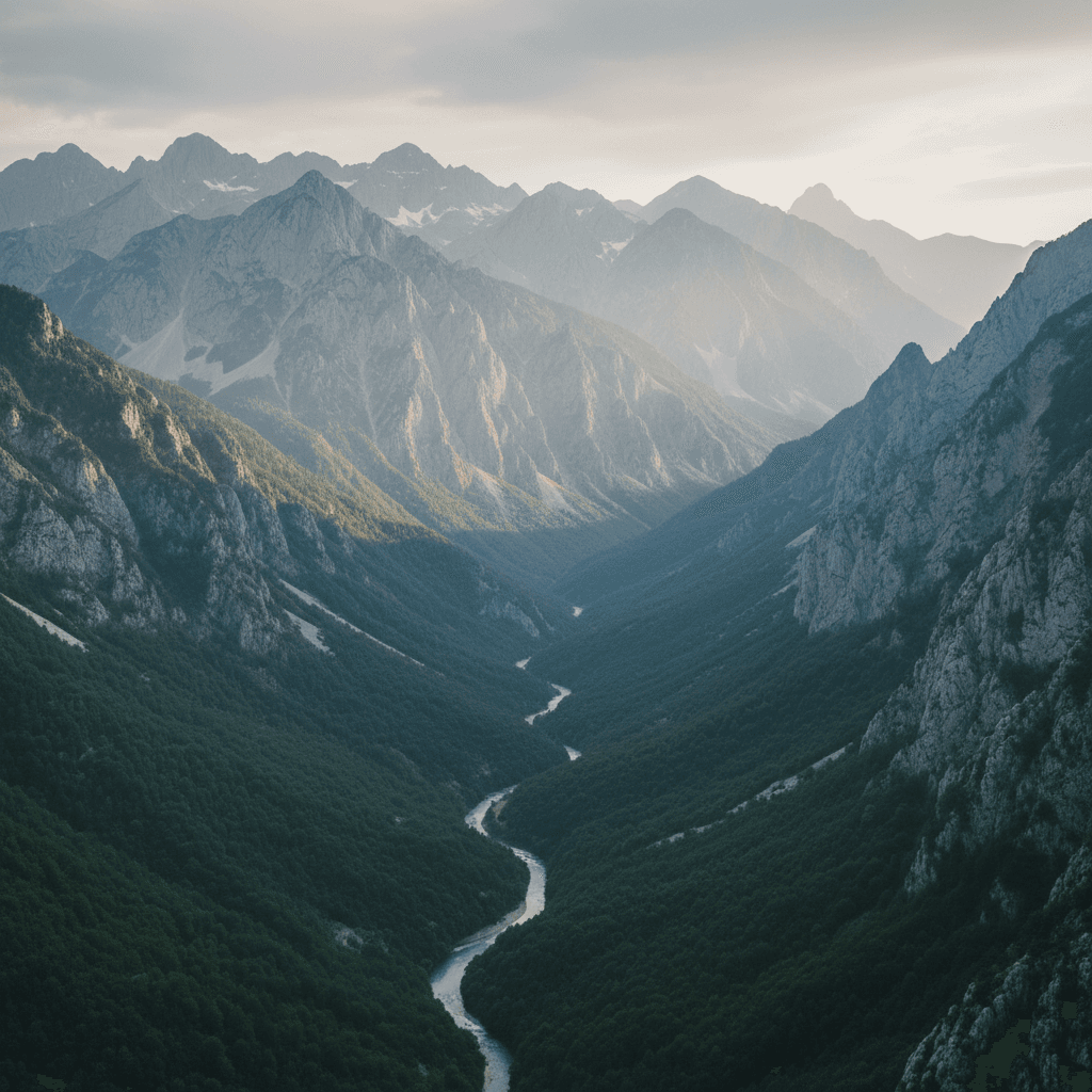 Accursed Mountains valley with winding river and layered ridges