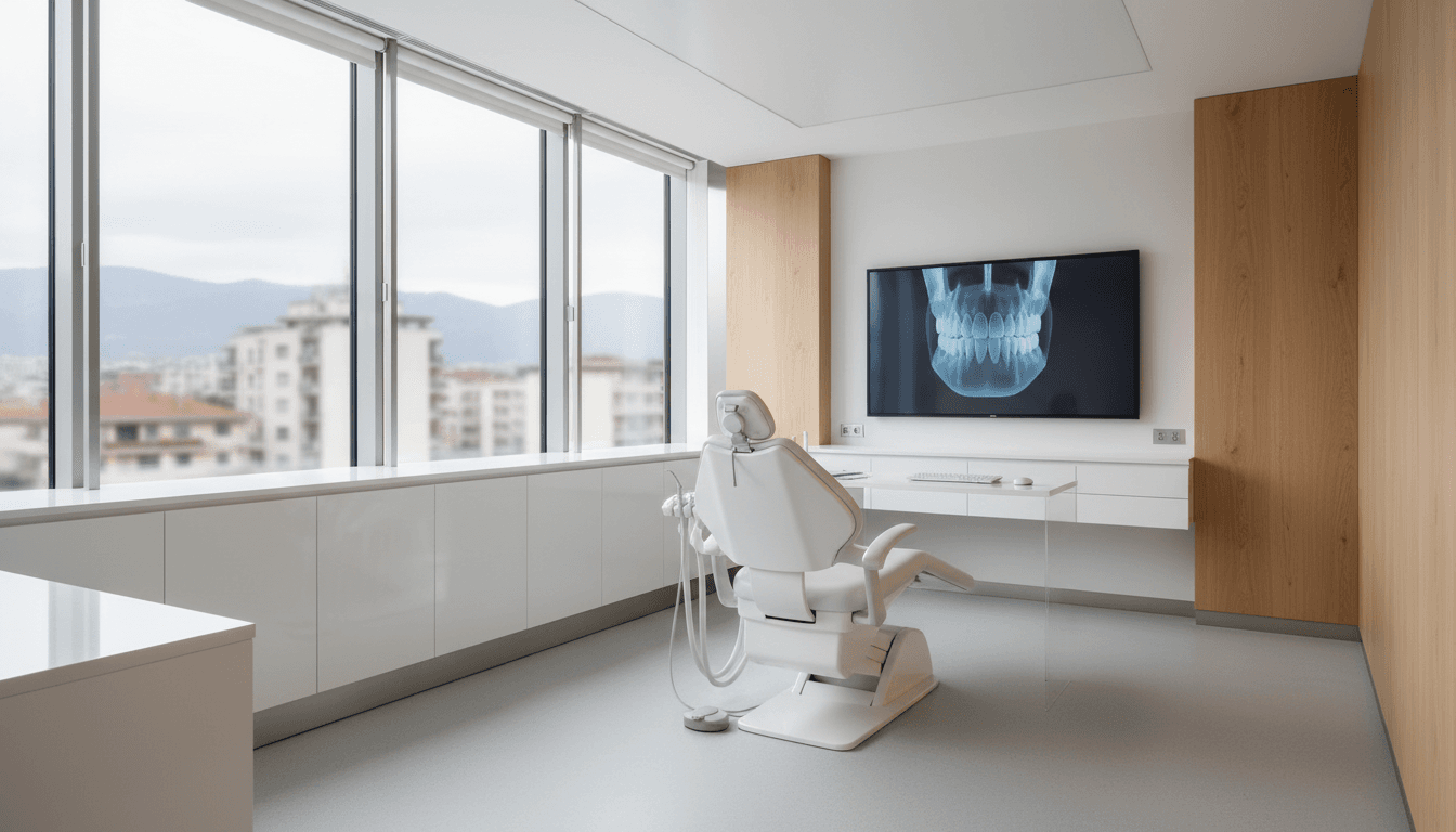 A modern, sunlit dental consultation room in Tirana, Albania, with a patient chair and a blurred 3D dental rendering on a screen.