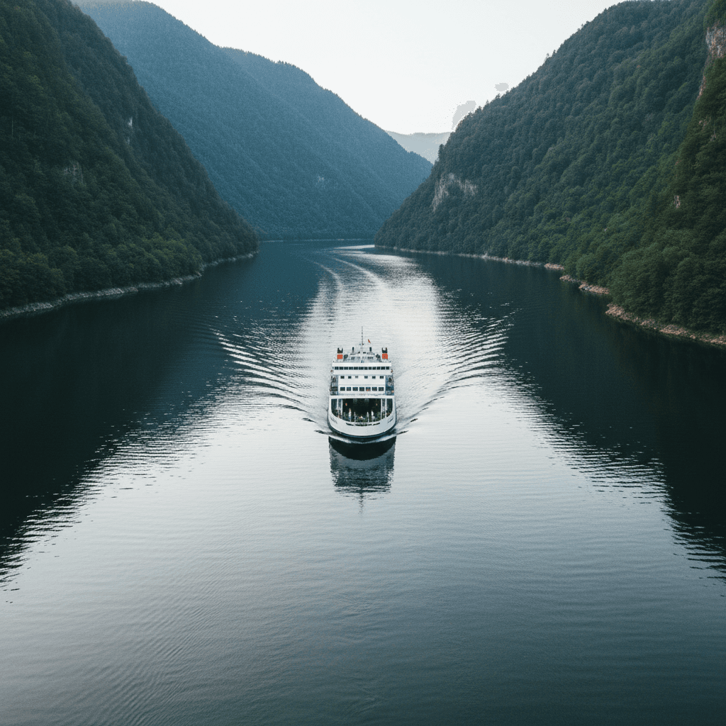 Lake Koman ferry crossing narrow reservoir with steep forested hills
