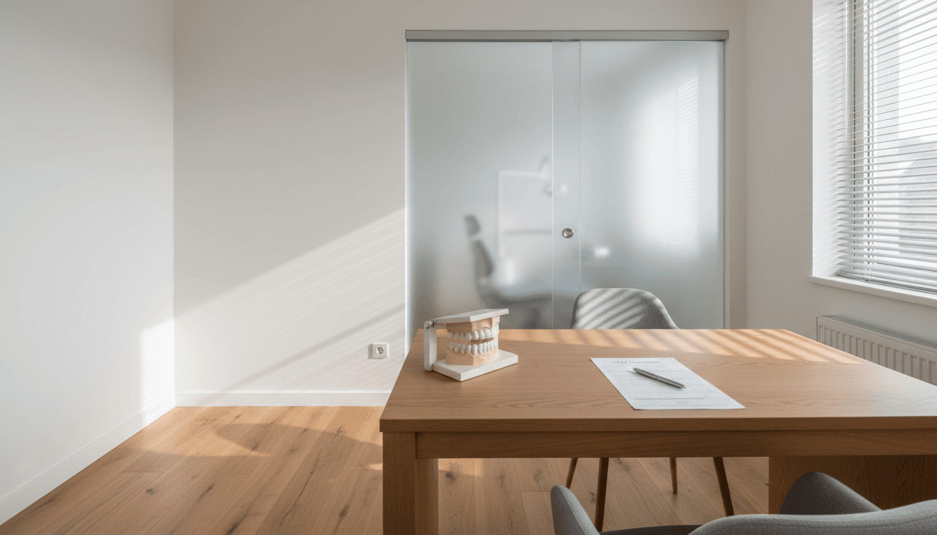 Modern dental consultation room with ceramic tooth model on desk