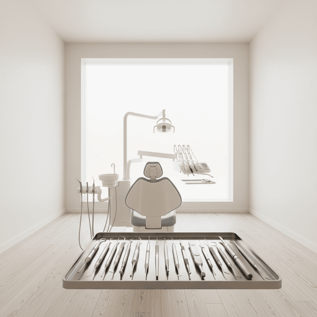 Modern dental treatment room with instruments arranged on a sterile tray