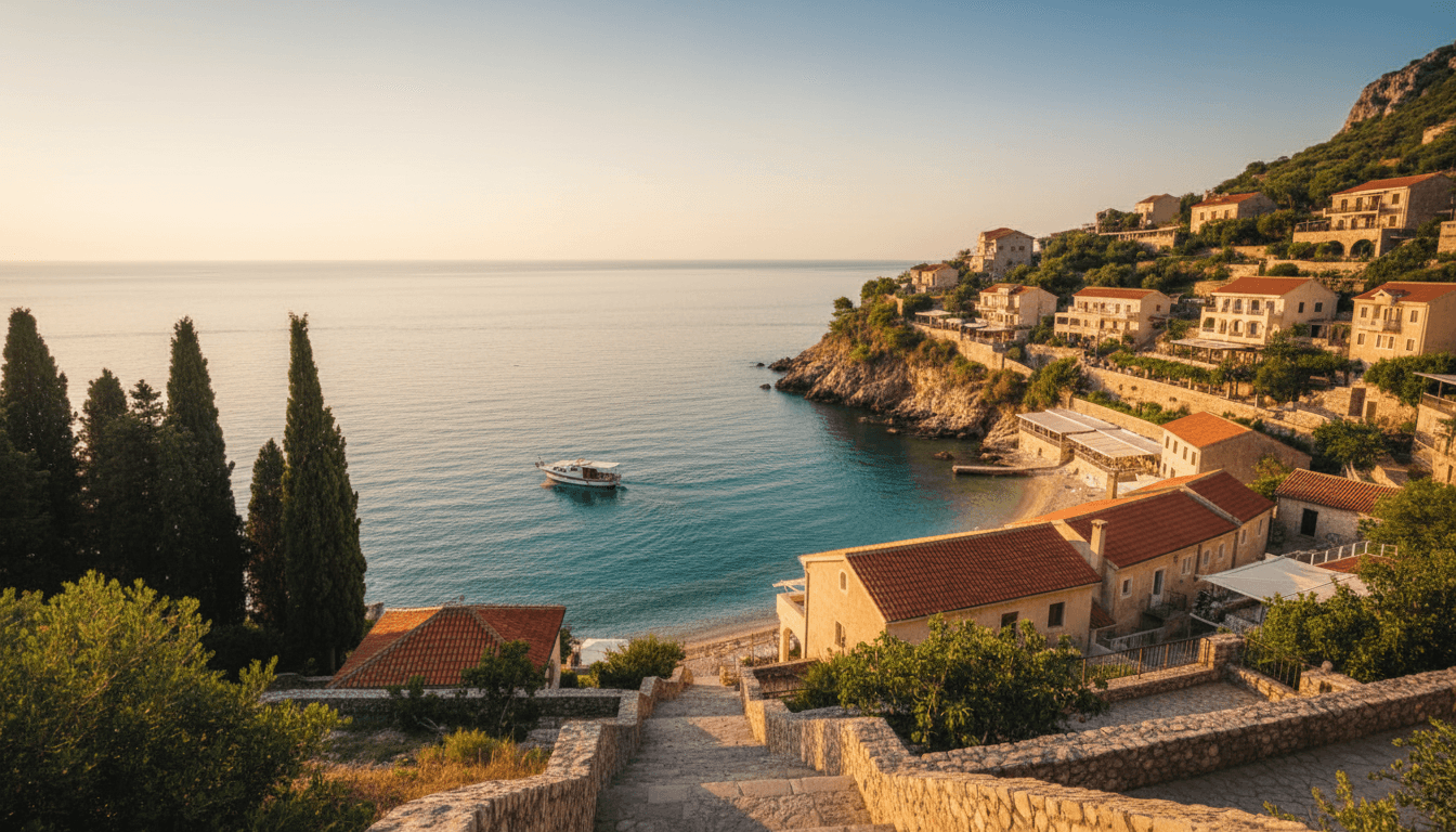Scenic view of the Albanian Riviera coastline at sunset with terracotta-roofed buildings and calm turquoise sea