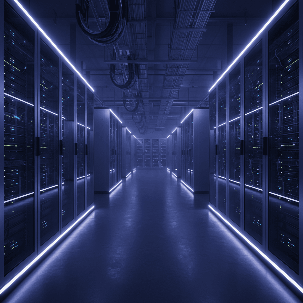 Server room with rows of illuminated racks