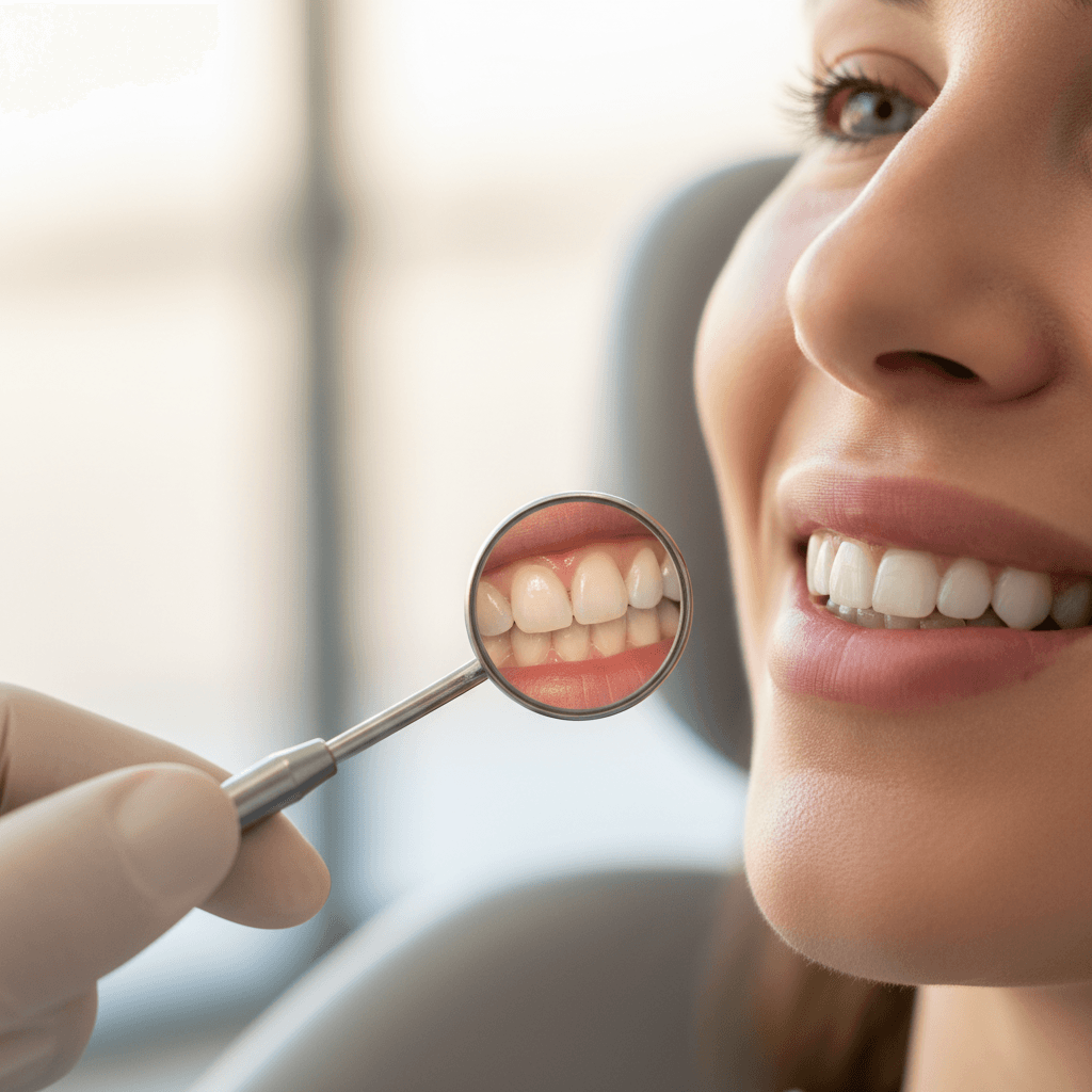 Dentist showing temporary bridge with mirror
