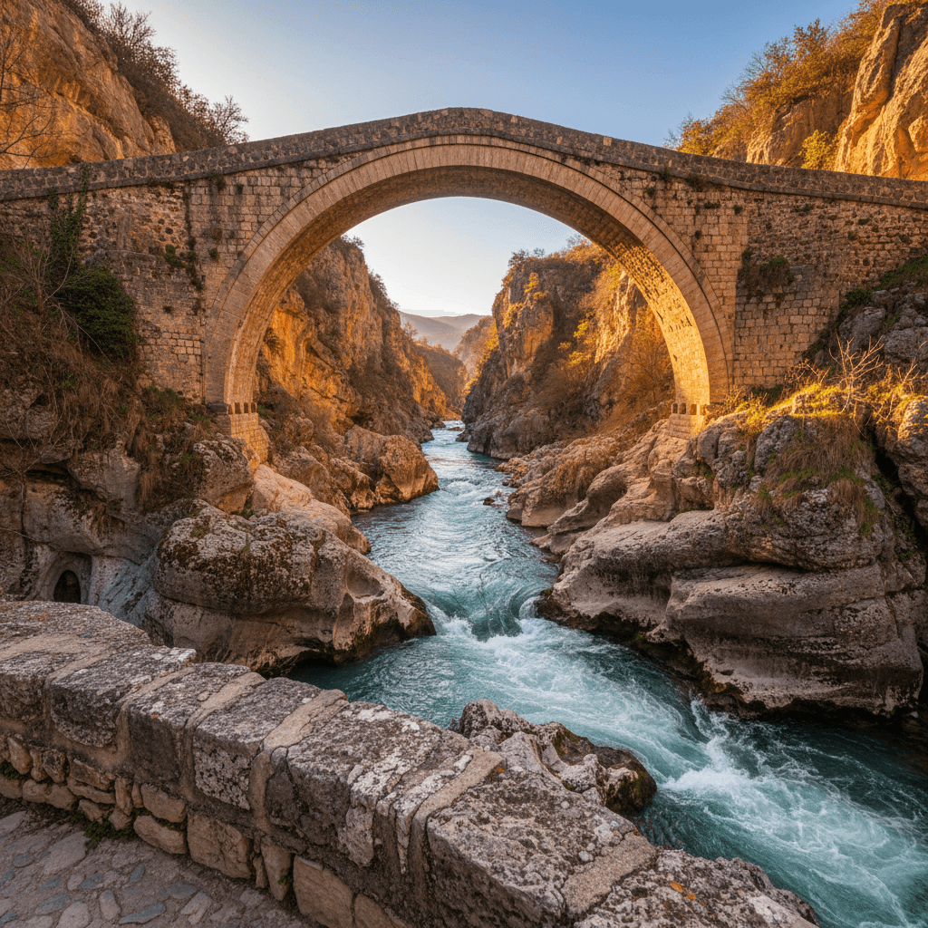 Stone footbridge over Osumi River canyon at golden hour