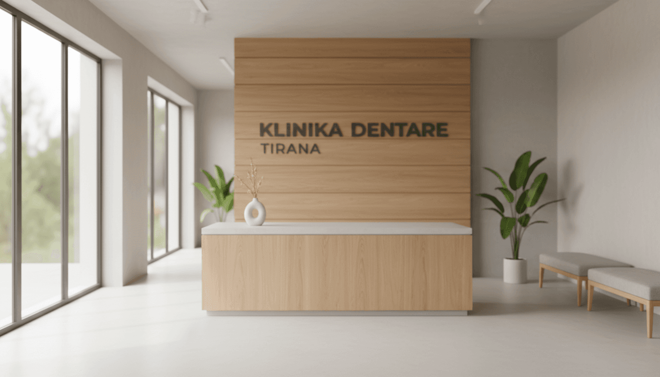 Modern dental clinic reception in Tirana with natural light and minimalist interior