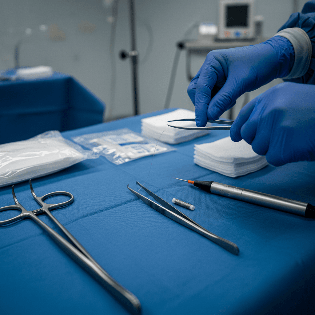 Surgeon's hands arranging surgical instruments