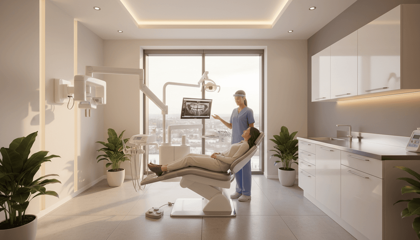 Modern dental consultation room with empty patient chair and soft natural light