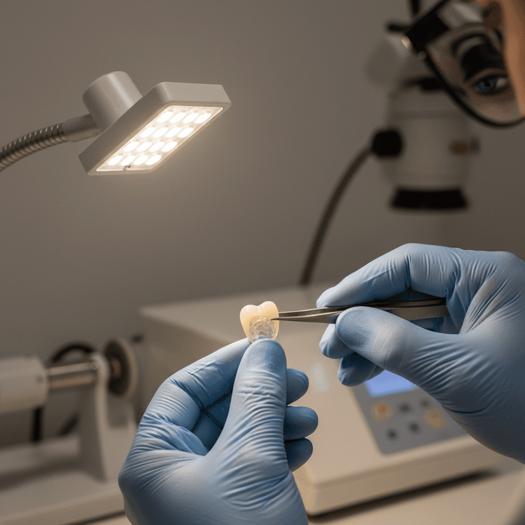 Dental technician inspecting ceramic veneers
