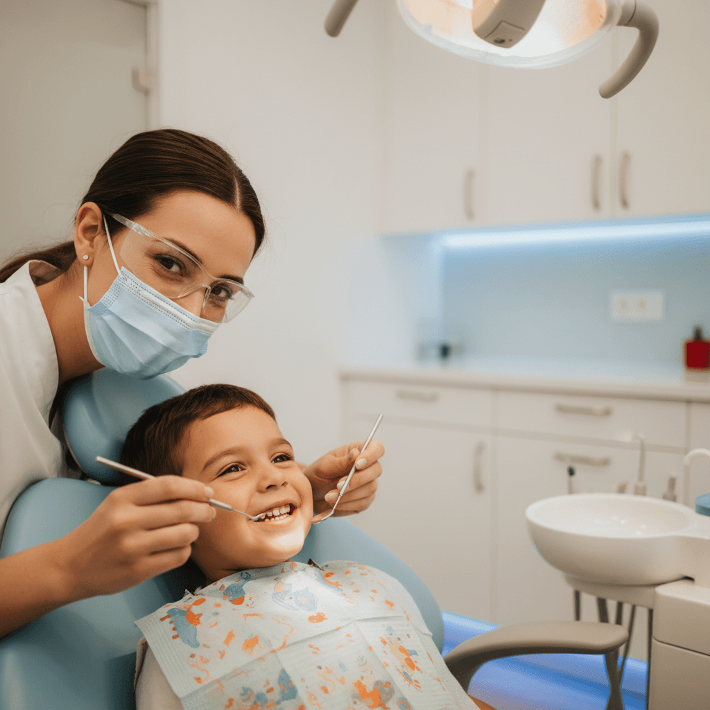 Dentist examining patient with dental mirror