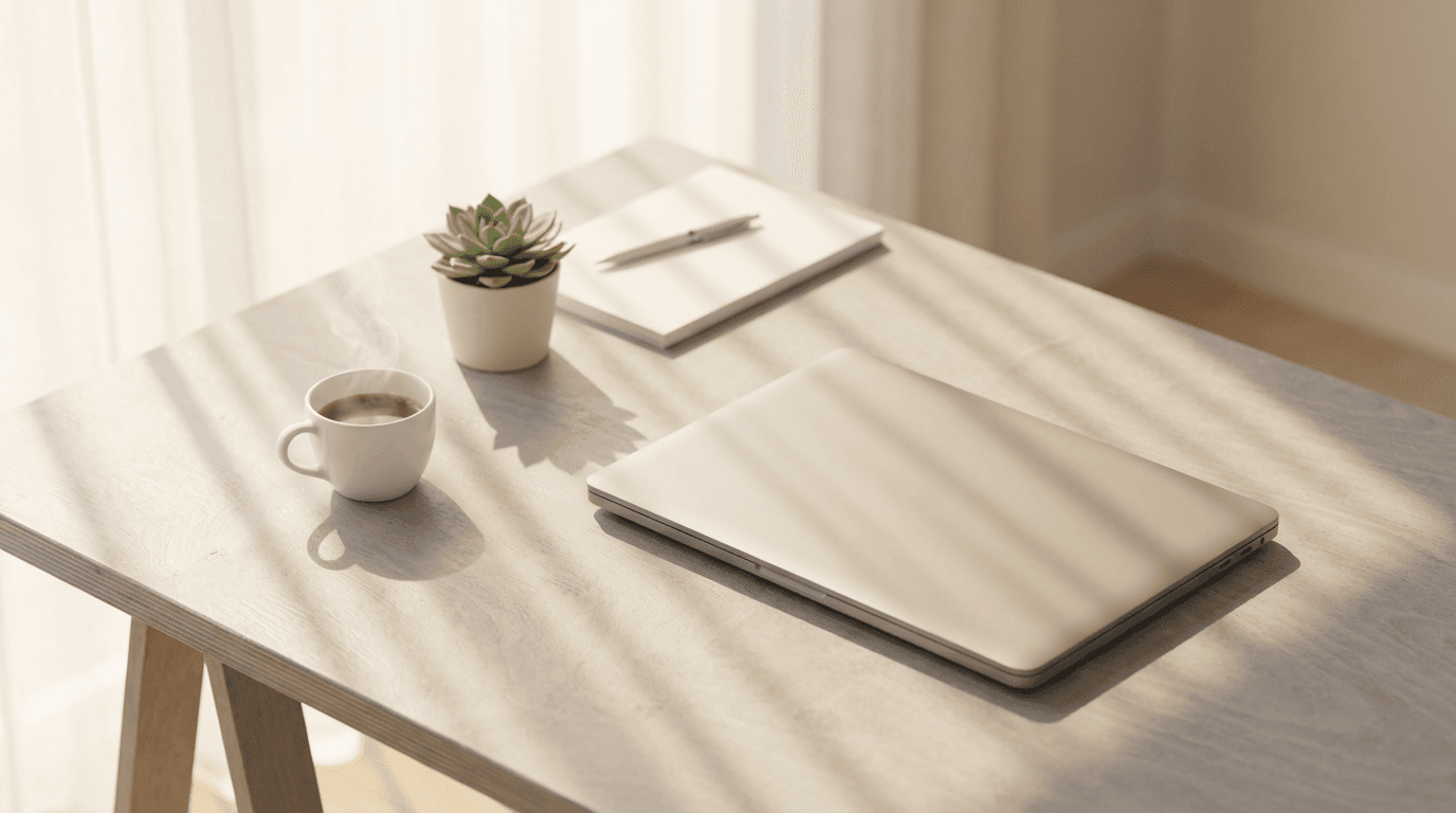 Open laptop and notepad on a wooden desk with a coffee cup, natural light from a window